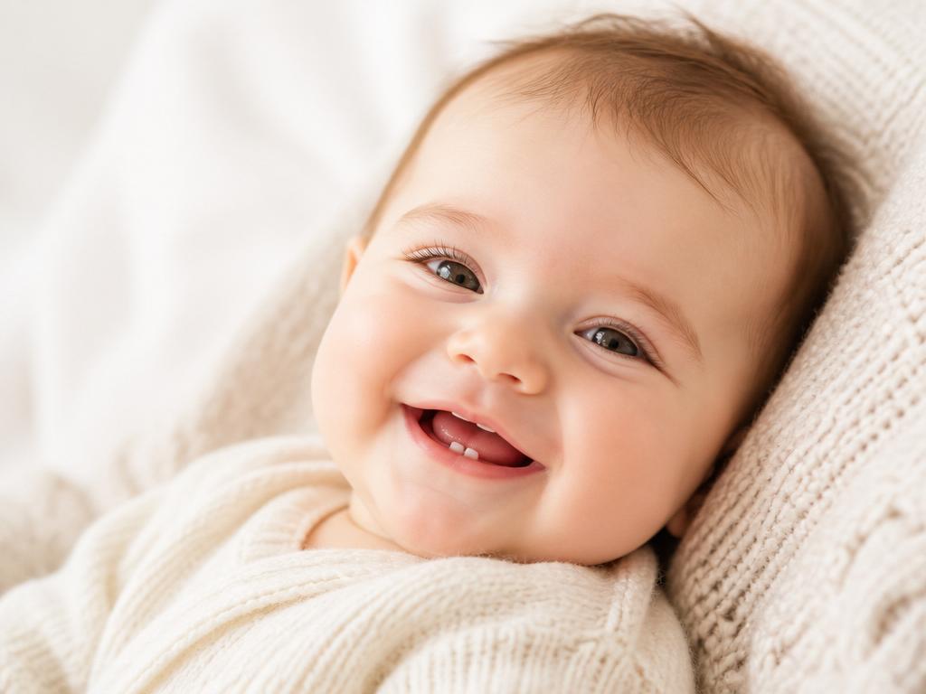 Smiling baby showing first tiny teeth